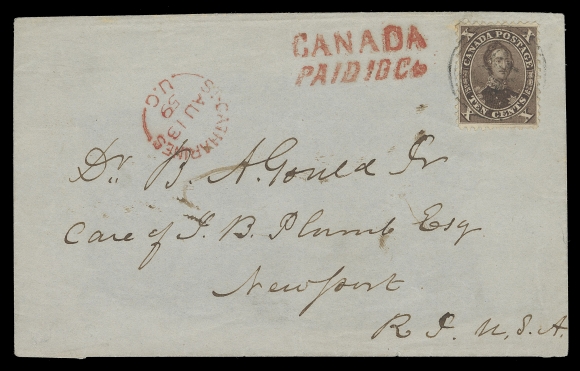 CANADA -  3 CENTS  1859 (August 13) Blue cover front in clean fresh condition, addressed to Newport, Rhode Island and bearing a superbly centered Ten cent Prince Consort in the unmistakable Chocolate Brown shade (Printing Order 1B), precisely centered and displaying amazing colour and impression, tied by light, centrally struck four-ring 