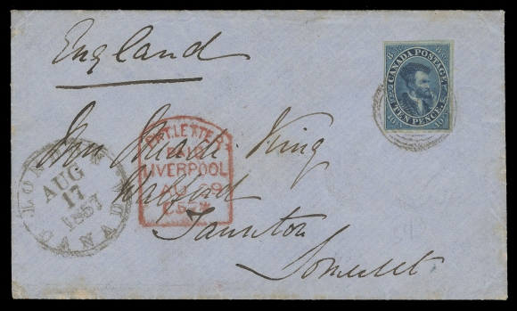 CANADA -  2 PENCE  1857 (August 17) Blue envelope in choice condition bearing a single 10p bright blue on thin, crisp hard paper, imperforate with ample to large margins, tied by indistinct four-ring numeral, clear large double ring London dispatch at left, pays the Cunard Line - British Packet to England with well-struck "tombstone" Pkt Letter Paid Liverpool AU 29 57 transit in red; on reverse Hamilton transit and Taunton AU 30 1857 arrival backstamps. A fabulous single-usage of the 10 pence Cartier paying the Cunard Line rate via the United States, VF (Unitrade 7)Expertization: 1960 RPS of London certificateProvenance: Fred Jarrett, Sissons Sale 166, October 1959; Lot 274 - where it realized an impressive $1,050 hammer.                   British American Postage Stamps & Postal History, Sotheby Parke Bernet Stamp Auction, May 1980; Lot 56 - realized an impressive US$7,000                   Canadian Pence Issues on Covers from a Gold-medal Collection, H.R. Harmer, October 1982; Lot 40                   Sam Nickle, Firby Auctions, October 1988; Lot 355                   "Lindemann" Collection, private treaty (circa. 1997)