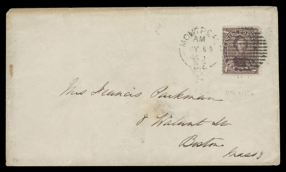 CANADA -  3 CENTS  1860 (May 14) Cover from Montreal to Boston, bearing a 10c deep brown purple perf 11¾, neatly tied by early usage of the Montreal duplex; no backstamp as customary for mail to the U.S. F-VF (Unitrade 17e shade) ex. "Lindemann" Collection (private treaty, circa. 1997)