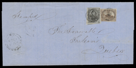 CANADA -  2 PENCE  1855 (June 1) Blue legal folded cover from Peterboro to Quebec, franked with a 6p slate violet on laid paper with just clear to mostly very large margins and 3p red on medium wove in on two sides, colours oxidized, tied by concentric rings, couple light file folds away from stamps and part of addressee lightened, clear dispatch CDS at left, Cobourg transit and Quebec JUN 5 1855 arrival backstamps. A very rare 3p & 6p combination (only ten reported regardless of printings) paying the triple domestic letter rate, even more remarkable is the fact that the Wayne Smith census REPORTS ONLY ONE COVER bearing this 3p wove & 6p laid paper combination, F-VF (Unitrade 2, 4)Expertization: 1989 PF certificateProvenance: Canadian Pence Issues on Covers from a Gold-medal Collection, H.R. Harmer, October 1982; Lot 7 - where it realized US$4,250