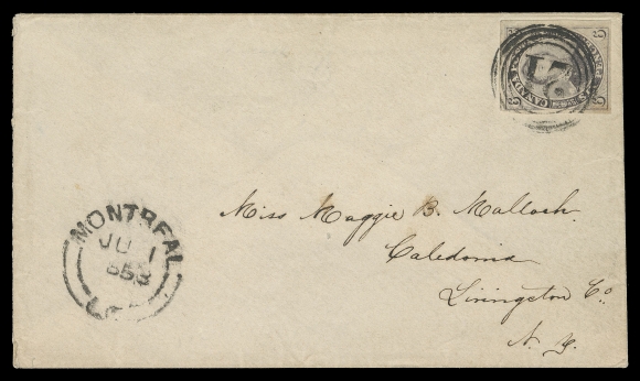 CANADA -  2 PENCE  1858 (June 1) An unusually choice cover bearing a sought-after Six pence reddish purple on very thick soft fibrous paper with ample to very large margins, tied by four-ring 