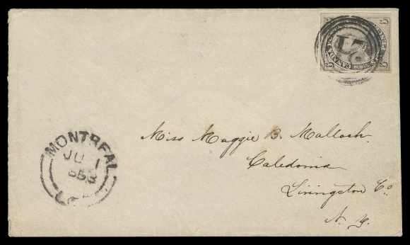 CANADA - 2 PENCE 1858 (June 1) An unusually choice cover bearing a sought-after Six pence reddish purple on very thick soft fibrous paper with ample to very large margins, tied by four-ring