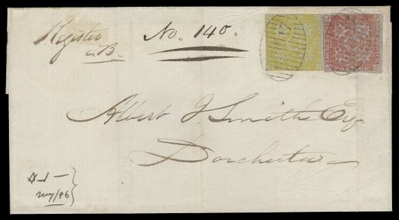 NEW BRUNSWICK  1855 (September 22) Folded registered cover mailed to Dorchester, New Brunswick bearing single 3p red and 6p olive yellow, touching on one side on latter, file fold crosses 3p, otherwise both well clear to large margins and neatly tied by very fine strikes of the rare oval grid 