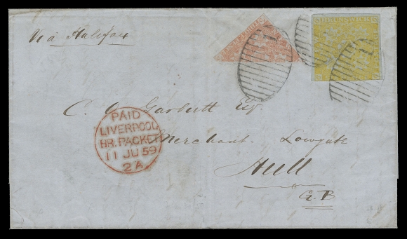 NEW BRUNSWICK  1859 (May 30) Blue folded cover bearing a diagonally bisected 3p dull red and a single 6p olive yellow, just clear to large margins, both neatly tied by very clear oval grid 