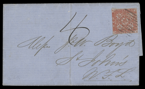 NEW BRUNSWICK  1855 (November 12) Blue folded cover from Way Office Douglastown to St. John’s, Newfoundland, franked with a 3p dark red, clear to large margins, tied by large grid; pays the single letter rate along with manuscript “4” (4d stg equals 5p currency) to collect on delivery for sea postage – the correct 8 pence rate to Newfoundland. Legible WO Douglastown double arc dispatch in red on reverse, Chatham NO 12 transit in blue St. John NO 14 and St. John’s NO 26 1855 arrival backstamps. A very early example of this scarce 8p rate to Newfoundland; unlisted in the Arfken & Firby census; light central file fold as usual and in an excellent state of preservation, VF (Unitrade 1a)