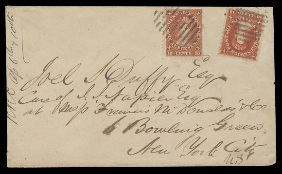 NEW BRUNSWICK  1866 (April 9) Cover mailed from Newcastle to New York, bearing two single 10c vermilion stamps tied by mute oval grid cancels, clear double arc Newcastle dispatch and Saint John AP 10 1866 transit backstamps. A choice cover paying the double weight letter rate to the U.S. A rare franking according to Nicholas Argenti