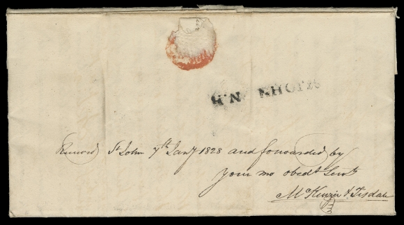 NEW BRUNSWICK STAMPLESS COVERS  Folded entire lettersheet with "31 Dec 1827" dateline, mailed from St. John to Miramichi and rated "1N6" (to collect) in manuscript, quite clear straightline "St. JOHN N.B" (JGY Fig. 17 - RF 8) dispatch handstamp in black on reverse; a very rare marking according to the Jephcott, Greene and Young handbook, VF