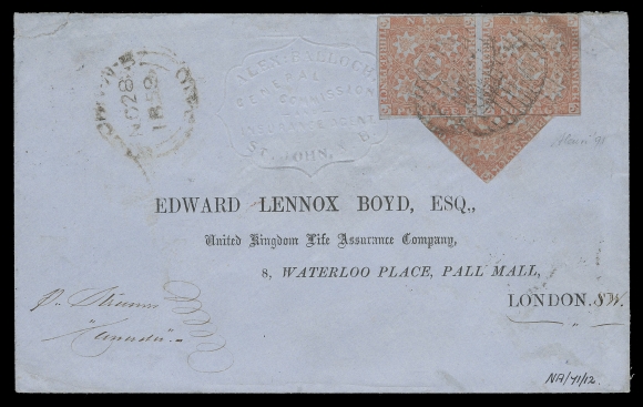 NEW BRUNSWICK  1859 (November 28) Alex Balloch General Commission and Insurance Agent St. John, NB albino embossed advertising cover with pre-printed London, England addressee, bearing a pair and diagonal bisect of the 3p dull red paying the correct Seven and One half penny letter rate to England, tiny feather tear on left stamp, cancelled by oval grid 
