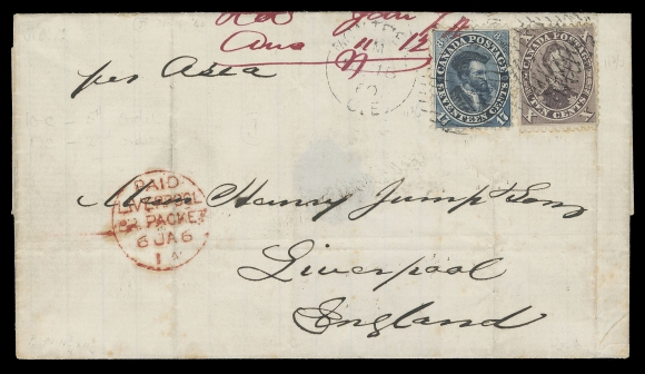 CANADA -  3 CENTS  1860 (December 18) Folded cover endorsed "per Asia" bearing single 10c reddish agate (Whitworth PO 4B) and 17c Prussian Blue, both perf 11¾, latter with light file fold, tied by Montreal duplex, addressed to Liverpool, England with clear circular Paid Liverpool Br. Packet 6 JA 61 CDS receiver in red. A most interesting 27 cent letter rate; Firby census only list only one such franking on Trans-Atlantic mail, VF (Unitrade 17b, 19i)Expertization: 1955 RPS of London certificateProvenance: Bill Lea Exhibit Collection of Canada Pence & Cents Postal HistoryThe franking was perhaps originally intended to pay the Cunard Line - US Packet via New York 17c rate plus 12½c registration fee; however, too late for the US Packet "Asia" that left New York for Liverpool on December 19, it likely followed "First Packet Principal", sufficiently prepaid to be forwarded by the earliest ship, in this case going overland from Montreal to Portland, Maine and then by Allan Line British Packet.