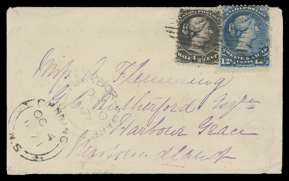 CANADA -  4 LARGE QUEEN  1871 (October 4) Small cover from Canning, Nova Scotia to Harbour Grace, Newfoundland, slightly reduced at left, bearing single 12½c blue slightly overlapped by a ½c black, both with a few dulled perfs at top due to placement, cancelled by oval mute grids, Canning double arc dispatch a left, paying the then current 12½ cent letter rate to Newfoundland, overpaid a half cent unknowingly by sender / postmaster; Port Willams Station OC 4 transit, oval "H" (Halifax) OC 5 and St. John