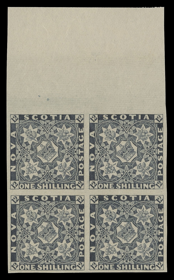 NOVA SCOTIA PENCE PROOFS AND STAMPS  1/6,The complete set of four in blocks of four printed in near issued colours on the distinctive thin mesh hard wove paper, two values with sheet margin on one side, fresh and choice, not often seen in blocks, VF+