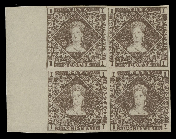 NOVA SCOTIA PENCE PROOFS AND STAMPS 1/6,The complete set of four in blocks of four printed in near issued colours on the distinctive thin mesh hard wove paper, two values with sheet margin on one side, fresh and choice, not often seen in blocks, VF+
