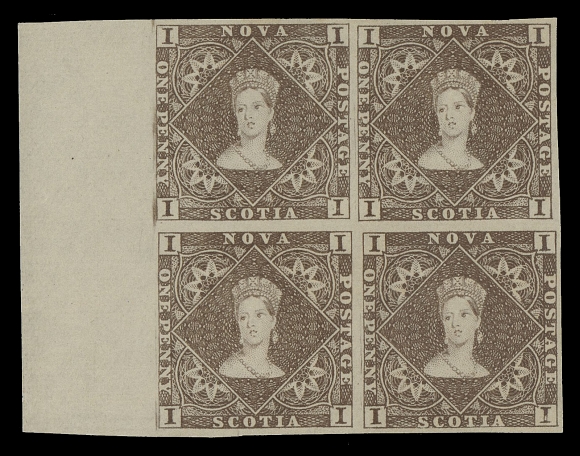 NOVA SCOTIA PENCE PROOFS AND STAMPS  1/6,The complete set of four in blocks of four printed in near issued colours on the distinctive thin mesh hard wove paper, two values with sheet margin on one side, fresh and choice, not often seen in blocks, VF+