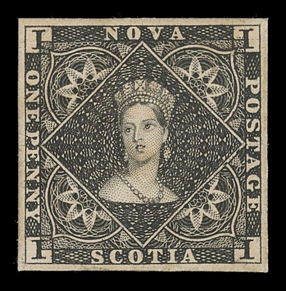 NOVA SCOTIA PENCE PROOFS AND STAMPS  1,Perkins Bacon Engraved Die Proof printed in black on thick white card, stamp size as nearly all are; ample margins around and showing characteristic uncleared corner frameline in all value tablets. A rare die proof - only six are known according to the Argenti handbook, VFProvenance: "Halifax" Collection, Christie