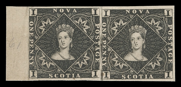 NOVA SCOTIA PENCE PROOFS AND STAMPS  1P,A beautiful Perkins Bacon original plate proof pair, printed in black on thin card with sheet margin at left, deep rich shade and impression, XF