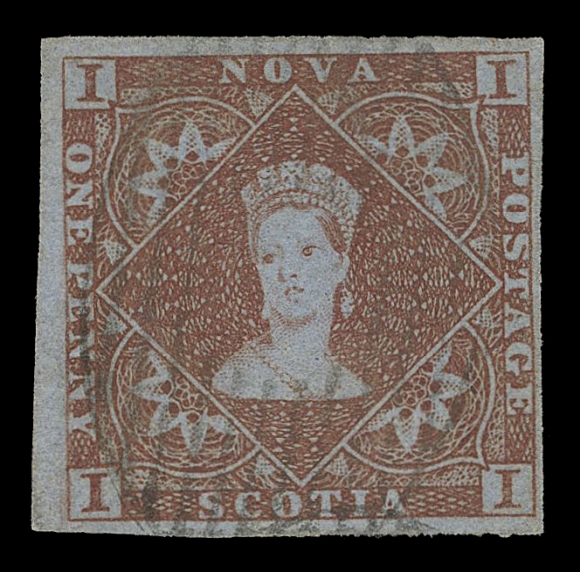 NOVA SCOTIA PENCE PROOFS AND STAMPS 1,A selected used single with ample to unusually large margins, bright colour on fresh paper, ideally light, centrally struck oval mute grid cancel, VF; 2013 Greene Foundation cert.