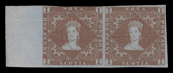 NOVA SCOTIA PENCE PROOFS AND STAMPS  1,A rare mint pair with post office fresh colour, barely touching design at top, otherwise large margined including sheet margin at left, horizontal crease, unusually full original gum; attractive and seldom seen in mint multiples, F-VF OG (Unitrade cat. $9,000)Expertization: 1960 PF certificateProvenance: John C. Chapin, Shreves, June 2003; Lot 607