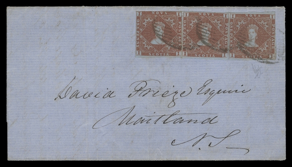 NOVA SCOTIA PENCE POSTAL HISTORY 1860 (October 26) Blue folded lettersheet from Halifax to Maitland, bearing a 1p strip of three, partially severed between stamps, likely done by a postal clerk to facilitate dispensing over the counter, clear to full margins all around, neatly tied by oval mute grids, clear Halifax OC 26 1860 double arc dispatch CDS. A wonderful cover, displaying Provisional Usage of Pence stamps in the newly adopted currency period. This cover is the LATEST RECORDED USAGE of the One penny on cover, VF (Unitrade 1)
Expertization: 1996 Peter Holcombe certificate and cover pencil signed by him
Provenance: The "Skywalk" Collection of Nova Scotia, Schuyler Rumsey, September 2016; Lot 70
Pence stamps were withdrawn from post offices around the end of September 1860, after the passing of the Decimal Currency reform on March 31 and just before the issuance of new Cents issue stamps on October 1st. Pence stamps were still valid for postage at the rate of 2c per 1p.