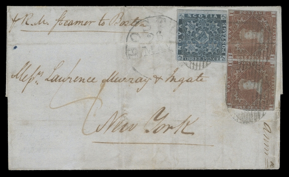 NOVA SCOTIA PENCE POSTAL HISTORY  1853 (May 24) Folded cover endorsed "Per... Steamer to Boston" mailed from Halifax to New York, lightly soiled, bearing horizontal pair of 1p red brown and single 3p blue, minor flaws and horizontal file fold across two stamps, tied by oval mute grid cancels, the 39 further tied by Boston 26 MAY transit datestamp with additional 5 cent U.S. postage due on delivery from New York addressee; clear Halifax MY 24 1853 double arc dispatch on back. A very scarce British Packet rate - Port-to-Port five pence letter rate to the United States - THE EARLIEST RECORDED USAGE OF A ONE PENNY STAMP ON COVER. A great rate / date combination cover, ideal for exhibition, Fine; 2008 Firby certificate (Unitrade 1, 2)Provenance: Nova Scotia Specialized, Maresch Sale 340, June 1999; Lot 840                   Frederick Mayer Nova Scotia Collection, H.R. Harmer, May 2004; Lot 633                   Randall Martin, Firby Auctions, September 2008; Lot 809Census: The Earliest Recorded Date of a One penny on cover (any rate or franking). Of fifteen known 5p rate covers to the USA, this example predates by more than 10 months the second earliest, which is postmarked Boston Feb. 18, 1854.