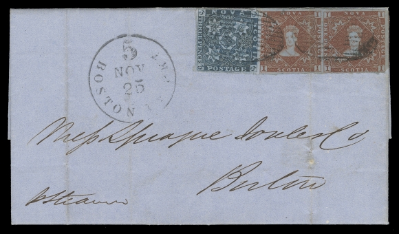 NOVA SCOTIA PENCE POSTAL HISTORY  1854 (November 22) Folded blue entire lettersheet from Halifax to Boston in fresh condition, bearing a 3p dark blue, close at top at top and pair of 1p red brown just clear at lower right, otherwise large margined and cancelled by two oval grids, file fold crosses centre stamp, large circular Boston Br. Pket "5" NOV 25" CDS in black at left, additional 5 cent U.S. postage to be collected from the recipient; mostly legible Halifax NO 22 1854 dispatch on back. Pays the 5p British Packet "Port-to-Port" letter rate, VF (Unitrade 1, 3)Provenance: Dr. John Robertson, Matthew Bennett Auctions, April 2004; Lot 242