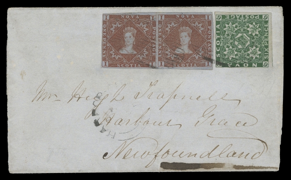 NOVA SCOTIA PENCE POSTAL HISTORY  1858 (December 29) Folded cover in an excellent state of preservation, displaying a superb franking consisting of a large margined 1p red brown pair and a choice single 6p dark green, well clear to unusually large margins, attractively cancelled by light mute grids, backstamped Wallace, NS DE 29 double arc dispatch, oval "H" (Halifax) DE 9 and St. John