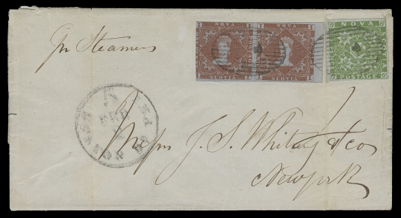 NOVA SCOTIA PENCE POSTAL HISTORY  1856 (January 28) Folded entire from Windsor NS to New York, endorsed "Per Steamer" and bearing a pair of 1p red brown, sheet margin at right and large margins except at left, and a single 6p yellow green with mostly large margins; stamps are fresh and in sound condition, light file fold between not affecting adhesives, neatly cancelled by oval mute grids in black; clear Windsor JA 28 double arc dispatch and same-day oval "H" (Halifax) transit backstamps, large circular Boston Br. Pkt / 5 / FEB 2 transit on front, with 5c U.S. postage to collect from recipient. An unusually clean and highly desirable Eight-pence British Packet single-letter rate cover from the Interior of Nova Scotia to the US; a glorious showpiece, VF (Unitrade 1, 4)This impressive cover is unrecorded in the exhaustive Arfken & Firby census handbook "The Pence Covers of Nova Scotia and New Brunswick 1851-1860", now making this ONE OF ONLY THREE SUCH FRANKINGS consisting of two 1 penny stamps and a 6 pence yellow green. A total of only six recorded covers (any frankings) pays the eight pence letter rate from the Interior of Nova Scotia to the United States - 3 pence postage inland postage plus 5 pence British Packet rate from Halifax to the U.S.Expertization: 1985 Greene Foundation certificateProvenance: Senator J.A. Calder, H.R. Harmer, New York, February 1958; Lot 373                   J.R. Saint Collection of Nova Scotia, Maresch Sale 277, June 1993; Lot 150 - described as: "the finest of the few known rate covers."                   The "Colchester" Collection of Nova Scotia, Eastern Auctions, June 2010; Lot 208AN EXTREMELY RARE COVER - ONLY TWO SUCH RATE COVERS BEARING A SIX YELLOW GREEN ARE REPORTED IN THE EXHAUSTIVE CENSUS COMPILED BY ARFKEN & FIRBY. 