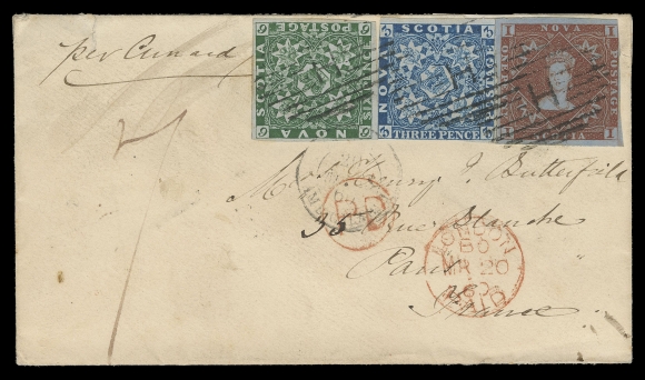 NOVA SCOTIA PENCE POSTAL HISTORY  1860 (March 8) Small envelope from the Butterfield correspondence, endorsed "Per Cunard" and bearing a fabulous three-colour franking - 1p red brown, 3p bright blue and 6p dark green, just clear to large margins except 3p in at top corners, tiny marginal crease on 6p, all nicely tied by Halifax oval grid "H", 3p and 6p further tied by French transit CDS, circular "PD" and London Paid MR 20 CDS in red on front; Halifax MR 8 dispatch, Paris 21 MARS arrival and intact red wax seal on reverse. A remarkable cover in all respects, an absolute showpiece, VF (Unitrade 1, 2, 5)Provenance: Koh Seow Chuan, Spink, April 1999; Lot 215ONE OF ONLY FOUR RECORDED NOVA SCOTIA PENCE COVERS TO FRANCE. All are rated 10 pence (per quarter ounce) and are from the same correspondence. This cover was carried by Cunard Line "Europa" from Boston (March 7) via Halifax (March 9) arriving at Liverpool March 19.