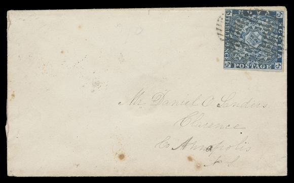 NOVA SCOTIA PENCE POSTAL HISTORY  1861 (April 29) Small envelope from Truro to Clarence, franked  with a 3p blue, just clear to large margins, tied by mute grid; a provisional usage during the Decimal period as 5c for the  domestic letter rate; Truro, Halifax and a  partially legible  transit backstamps, couple tone spots to cover. This is the  LATEST RECORDED USAGE of a three pence stamp on cover, F-VF; 1982 Greene cert. stating: "... late usage, stamp was  probably accepted as equivalent of 5¢ postage." (Unitrade 2)

A significant cover that would ideally conclude any Pence issue  exhibit collection. While Decimal stamps were in circulation on  October 1860, pence stamps were still being "used up" informally  for a few months.