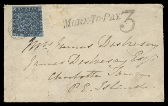 NOVA SCOTIA PENCE POSTAL HISTORY  1854 (April 10) Cover from Halifax to Charlottetown, PEI bearing a 3p dark blue on deeply blued paper, barely touching design to large margins, well tied by oval mute grid, deemed undercharged with instructional marking "MORE-TO-PAY" and handstamped "3" due (to collect) from recipient; Halifax and Prince Edward Island AP 17 1854 receiver backstamps. Minor imperfections to cover, nevertheless a very scarce and unusual Interprovincial Pence cover to PEI, F-VF (Unitrade 3)