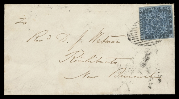NOVA SCOTIA PENCE POSTAL HISTORY  1857 (July 27) Choice cover from Bridgetown to Richibucto, via  the twice weekly ship service across the Bay of Fundy from  Annapolis to Saint John, franked with 3p dark blue with ample to  large margins and tied by oval grid; on reverse Bridgetown,  Annapolis, St. John and Richibucto JY 31 receiver, pays the 3p  interprovincial letter rate, VF and attractive. (Unitrade 3)