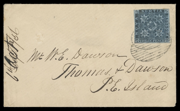 NOVA SCOTIA PENCE POSTAL HISTORY  1856 (October 7) Small cover from Halifax to PEI, bearing a 3p dark blue with large margins except top left, tied by two strikes of oval grid, clear Halifax dispatch and partly legible Prince Edward Island receiver backstamps, paying a very scarce 3p letter rate to PEI, F-VF (Unitrade 3)