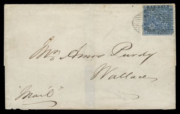 NOVA SCOTIA PENCE POSTAL HISTORY  1855 (May 2) Folded cover from Halifax to Wallace bearing two diagonally bisected 3p dark blue, flaws prior to usage, nicely aligned on cover and tied by two oval grids. One of only four known "double bisect" 3p domestic letter rate covers; on reverse Halifax MY 2 1855 and Wallace MA 4 receiver. Unusual and rare, F-VF (Unitrade 3a)Expertization: clear 1957 PF certificate, submitted by Fred JarrettProvenance: Specialized Nova Scotia, Maresch Sale 340, June 1999; Lot 848We can suggest two hypotheses for this odd usage: 1) A postal clerk used two halves of the three pence already available from his till and placed them side by side.2) The sender defrauded the post office by cutting the two bisects from stamps that had already been used.
