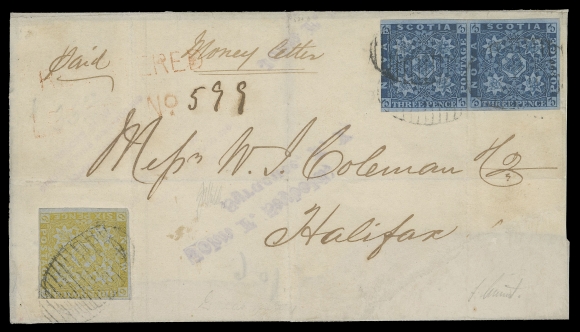 NOVA SCOTIA PENCE POSTAL HISTORY  1856 (April 30) Folded part cover endorsed "Money Letter" and "Paid", lower right corner repaired, most unusually franked with a single New Brunswick 6p olive yellow and a mostly large margined pair of Nova Scotia 3p deep blue, all tied by oval 