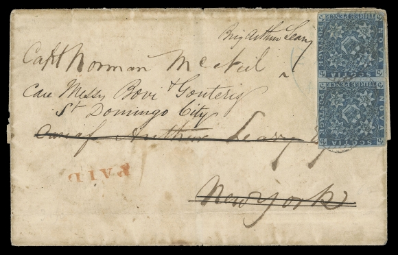 NOVA SCOTIA PENCE POSTAL HISTORY  1851 (November 29) Folded cover with overall light ageing from Halifax to New York via Saint John, NB, franked with pair of 3p  dark blue with clear to large margins, tiny cosmetic repair at  top right corner; Halifax NO 29 and St. John DE 4 transit  backstamps; addressed to Captain Norman McNeil, care of Brig  Arthur Leavy at New York; once on board the letter was redirected and carried as a ship letter to Santo Domingo, Dominican  Republic. A fabulous well-traveled Nova Scotia Pence cover to one of the most exotic countries that one can possibly hope to find for an advanced exhibit collection, Fine (Unitrade 3)Provenance: Warren Wilkinson, Feldman Auctions, March 2011; Lot  10250