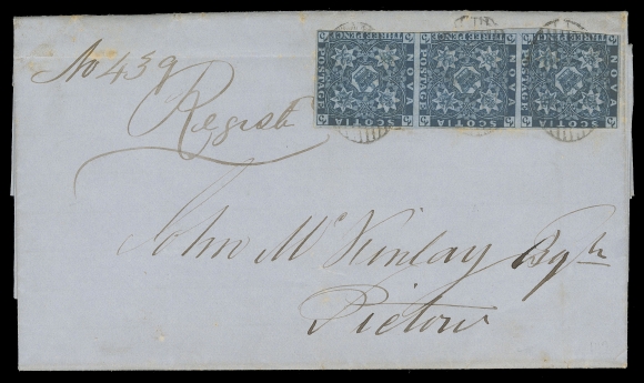 NOVA SCOTIA PENCE POSTAL HISTORY  1857 (January 10) Clean blue folded lettersheet, bearing a horizontal strip of three of 3p deep blue, mostly clear to large margins except at top of one stamp, light horizontal file fold crosses strip, neatly tied by oval mute grids, manuscript registry number "439" mailed from New Glasgow to Pictou; neat dispatch and receiver backstamps. Very attractive and a rare franking & rate combination - one of only seven covers bearing three 3p stamps paying the 3p single domestic letter rate plus 6p registration, F-VF (Unitrade 3)Expertization: 1985 Greene Foundation certificateProvenance: Warren Wilkinson, Feldman Auctions, March 2011; Lot 10187                   J.R. Saint Collection of Nova Scotia, Maresch Sale 277, June 1993; Lot 142                    "The John McKinlay Correspondence", John Kaufmann Auction 42, May 1978; Lot 53