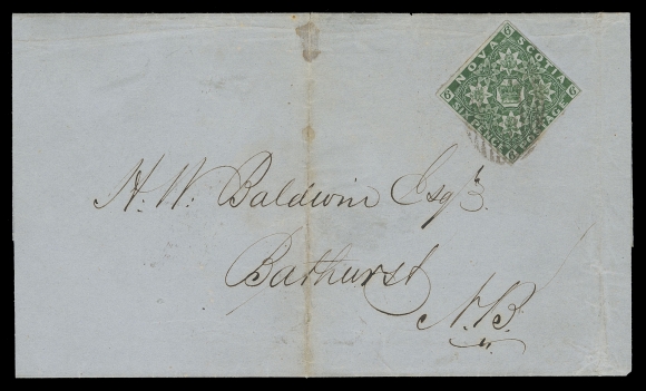 NOVA SCOTIA PENCE POSTAL HISTORY  1859 (April) Blue folded cover from Halifax to Bathurst, New Brunswick, ideally franked with the elusive 6p dark green, a selected example with large margins, placed in the position it was intended to be used and scarce thus, tied by oval mute grid cancel; four backstamps including Halifax dispatch, Sackville NB AP 16, Chatham AP 18 transits and Bathurst AP 18 receiver; minor age stain along file fold at centre. Quite surprisingly THE ONLY KNOWN double weight letter rate (any franking, without due markings) to New Brunswick, VF (Unitrade 5)Provenance: "Halifax" Collection, Christie