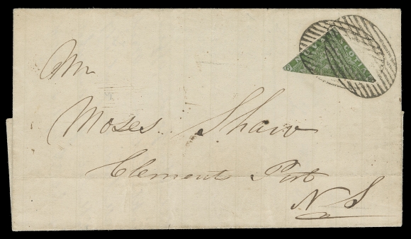 NOVA SCOTIA PENCE POSTAL HISTORY  1852 (November 29) Folded cover mailed from Digby to Clementsport and franked with a diagonally bisected 6p yellow green, close margins and neatly tied by two boldly struck oval mute grids to cover, partially clear Digby NO 29 1852 double arc dispatch; pays the 3p domestic letter rate and is - THE EARLIEST RECORDED USAGE OF A NOVA SCOTIA BISECTED STAMP. A great showpiece, F-VF (Unitrade 4a)Expertization: 1997 Greene Foundation certificateProvenance: Warren Wilkinson, Feldman Auctions, March 2011; Lot 10170                   Randall Martin, Firby Auctions, September 2008; Lot 839