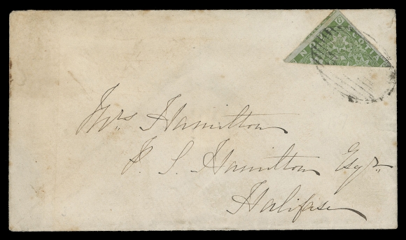 NOVA SCOTIA PENCE POSTAL HISTORY  1857 (December 1) Envelope from Pictou to Halifax bearing a very large margined 6p yellow green diagonal bisect used to pay the 3p domestic letter rate, tied by oval grid, minor soiling mostly apparent on reverse, clear Pictou DE 1 1857 dispatch and oval "H" (Halifax) DE 2 receiver backstamps, an attractive bisect cover, F-VF (Unitrade 4a)Expertization: 1981 BPA certificateProvenance: Henry Schneider, Siegel, October 1996; Lot 381                   Carnegie Institute, Siegel, May 1981; Lot 363
