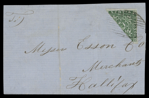 NOVA SCOTIA PENCE POSTAL HISTORY  1859 (July 12) Folded large part entire from Tatamagouche to Halifax bearing an extremely fine example of the elusive 6 pence dark green, diagonally bisected for use as a 3 pence for the domestic letter rate. The bisect in choice condition with ample to large margins and neatly tied by light oval grid; on reverse a complete Tatamagouche JY 12 double arc dispatch and mostly clear oval "H" (Halifax) next-day receiver; light file fold away from stamp. A lovely bisect usage of this notoriously difficult stamp, VF (Unitrade 5a)Expertization: 1951 RPS of London certificateProvenance: C.W. Mackie, BNA Provinces, H.R. Harmer Ltd. London, April 1962; Lot 555Hiroyuki Kanai "Specialized Nova Scotia", Maresch Sale 340, June 1999; Lot 866