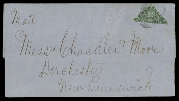 NOVA SCOTIA PENCE POSTAL HISTORY 1860 (May 6) Blue folded cover from Halifax to Dorchester, NB franked with a full margined diagonal bisect of the 6p dark green tied by light oval grid; light file fold just touches right corner of the bisect, trace of clip mark away from franking; partially legible Halifax, Sackville and Dorchester MY 10 receiver backstamps. Pays the 3 pence interprovincial letter rate to New Brunswick, F-VF (Unitrade 5a)
Expertization: 1978 Friedl certificate signed by expert Herbert Bloch
Provenance: Specialized Nova Scotia, Maresch Sale 340, June 1999; Lot 867
Only two bisected 6 pence covers are known to New Brunswick (one a 6p yellow green and the other the dark green offered here) are recorded in the Arfken & Firby census on page 52. A third cover is listed in error, dated April 14, 1859 from Halifax to Bathurst, but is in fact a single 6p dark green, paying a double weight; it is offered in this sale.
