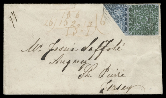 NOVA SCOTIA PENCE POSTAL HISTORY  1860 (May 15) Small white envelope mailed from Halifax to the Island of Jersey, bearing a 6p dark green on bluish wove paper with good margins and a diagonal bisect 3p bright blue on bluish paper, just touching frame at right, well clear at top tied by light oval grids; on reverse oval "H" (Halifax) dispatch and legible Jersey MY 30 receiver. A rare combination franking to the United Kingdom and the ONLY KNOWN Pence cover to Jersey, a significant cover that has graced several important collections of the past, F-VF (Unitrade 2a, 5)Expertization: 1937 RPS of London certificateProvenance: Specialized Nova Scotia, H.R. Harmer, London, November 1946; Lot 164                   Nicholas Argenti, Harmer Rooke, London, November 1963; Lot 499                   "Geranium" (Pilkington) Collection of Nova Scotia, SG Auctions, December 1986; Lot 775                   Koh Seow Chuan, Spink, April 1999; Lot 197                   Frederick Mayer Nova Scotia, H.R. Harmer, May 2004; Lot 697                   Warren Wilkinson, Feldman Auctions, March 2011; Lot 10258