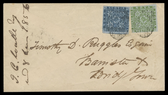 NOVA SCOTIA PENCE POSTAL HISTORY  1856 (December 8) Cover from the well known Ruggles correspondence bearing 3p dark blue and 6p yellow green with mostly large margins, both tied by oval grids; on reverse light Digby dispatch and clear Bridgetown DE 9 1856 double arc receiver. Pays a rare triple domestic letter rate. A beautiful cover, VF (Unitrade 3, 4)Provenance: Specialized Nova Scotia Collection, Maresch Sale 340, June 1999; Lot 857Only eight covers (all known frankings) are known to exist paying the 9 pence triple domestic letter rate. Only one other cover shows a similar 3p + 6p yellow green franking.