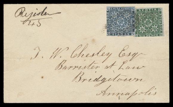 NOVA SCOTIA PENCE POSTAL HISTORY  1859 (March 19) Clean cover mailed registered from Yarmouth to  Bridgetown, annotated "Register 43" bearing a 3p bright blue  slightly overlapping a 6p dark green, both touching design on one side to large margins, light oval grid cancels, light  horizontal file fold well away from stamps; backstamps includes  Yarmouth dispatch in red, Annapolis MA 22 and Bridgetown MA 22  receiver. A nice cover displaying a rare franking of 3p +  6p dark green - fewer than ten such franked covers exist paying the single domestic letter rate plus registration, F-VF; 1976 PF  certificate (Unitrade 2, 5)