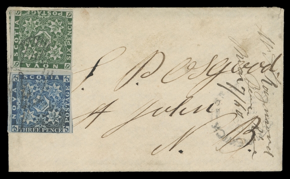 NOVA SCOTIA PENCE POSTAL HISTORY  1860 (March 7) Small cover with letter enclosure, mailed registered from Yarmouth to Saint John, NB via Digby, paying the single letter rate plus six pence registration, franked with a 3p blue and 6p dark green,  6p in on one side, otherwise large margined with both showing parts of neighbouring stamps on two sides, cancelled by oval grids, clear red double arc dispatch and black transit backstamps, St. John MR 10 receiver lightly struck on front. A very rare cover, one of four known paying this rate to New Brunswick, two others show a similar franking. An appealing cover ideal for exhibition, F-VF (Unitrade 2, 5)Expertization: 2017 Greene Foundation certificateProvenance: The "Colchester" Collection of Nova Scotia, Eastern Auctions, June 2010; Lot 215Robert H. Pratt, Sissons Sale 274, June 1968; Lot 734