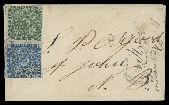 NOVA SCOTIA PENCE POSTAL HISTORY  1860 (March 7) Small cover with letter enclosure, mailed registered from Yarmouth to Saint John, NB via Digby, paying the single letter rate plus six pence registration, franked with a 3p blue and 6p dark green,  6p in on one side, otherwise large margined with both showing parts of neighbouring stamps on two sides, cancelled by oval grids, clear red double arc dispatch and black transit backstamps, St. John MR 10 receiver lightly struck on front. A very rare cover, one of four known paying this rate to New Brunswick, two others show a similar franking. An appealing cover ideal for exhibition, F-VF (Unitrade 2, 5)

Expertization: 2017 Greene Foundation certificate

Provenance: The "Colchester" Collection of Nova Scotia, Eastern Auctions, June 2010; Lot 215
Robert H. Pratt, Sissons Sale 274, June 1968; Lot 734