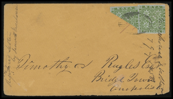 NOVA SCOTIA PENCE POSTAL HISTORY  1858 (July) Orange envelope from the Ruggles correspondence at Bridgetown, franked with an impressive large margined diagonally bisected 6p yellow green overlapping a single with large margins except at right, both tied by oval grids, right stamp with part of docketing with "7 / 7 1858" date; slight edge wear and part of backflap missing, partial Annapolis receiver. A mere five covers bearing a 6p bisect and single exist, this cover previously unrecorded, F-VF (Unitrade 4, 4a)