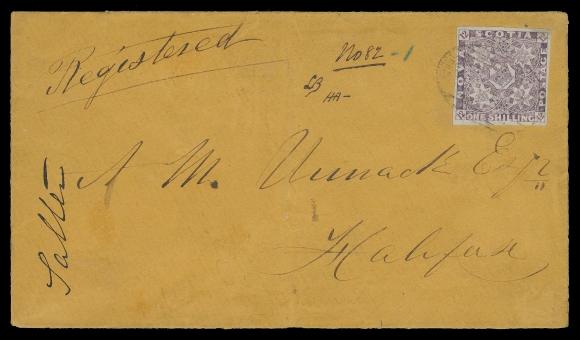 NOVA SCOTIA PENCE POSTAL HISTORY  1860 (July 7) Orange envelope from Newport to Halifax franked with a large margined One shilling reddish purple, tiny repair at top right corner and tied by light oval grid, endorsed "Registered"  at left, clear Newport JY 7 double arc dispatch on reverse along with oval "H" (Halifax) JY 9 1860 receiver; small cover tear at top and light central fold away from stamp. A marvelous single-franking usage of the One shilling paying six pence double weight domestic letter rate plus six pence registration. A fabulous exhibition-worthy cover, VF (Unitrade 6)Expertization: 1999 BPA certificateProvenance: Colonel E.H.R. Green, Part V, Percy Doane Auctions, November 1942; Lot 487                    "John Foxbridge" (du Pont), private treaty 1988                    Koh Seow Chuan, Spink, April 1999; Lot 226                    Warren Wilkinson, Feldman Auctions, March 2011; Lot 10196Census: Of the seven recorded covers paying double letter rate 6p + registration 6p, THIS IS THE ONLY COVER WITH A ONE SHILLING STAMP PAYING THE RATE.