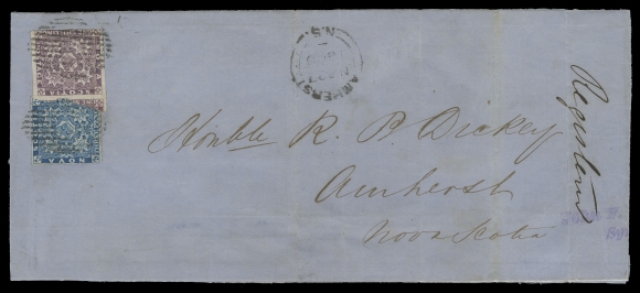 NOVA SCOTIA PENCE POSTAL HISTORY  1860 (November 26) Folded legal size entire from Halifax to Amherst, displaying an impressive franking at top left of 3p blue partially overlapped by a 1sh reddish purple, slightly touching design at top to oversized margins including an unusually large portion of adjacent stamp on one side, light vertical file folds, one crossing the stamps, fresh colours and neatly tied by oval grids, endorsed "Registered" at right, Halifax dispatch CDS on back and next-day Amherst receiver ideally struck on front. An important high franking cover - the sole example recorded in the Arfken & Firby census and having once graced great collections of the past, F-VF (Unitrade 2, 6)Expertization: 1999 BPA certificateProvenance: John Seybold BPA Collection, J.C. Morgenthau & Co. Auctions, March 1910; Lot 721 - cover has two of his characteristic owner