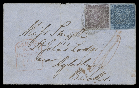 NOVA SCOTIA PENCE POSTAL HISTORY  1852 (July 8) Blue envelope mailed from Halifax to Aylesbury, England at the early 15 pence Packet Letter rate, bearing a 3p deep blue and a first printing 1sh "cold" dull violet with barely touching to large margins, neatly tied by oval grids, vertical fold well away from the very impressive franking, THE EARLIEST OF ONLY TWO KNOWN fifteen pence letter rate covers to England, clear tombstone Pkt Letter Paid Liverpool JY 17 52 transit datestamp in red, and red manuscript "10" (sterling) rate. A glorious and important Nova Scotia Pence cover, VF (Unitrade 2, 7)Expertization: 1999 BPA certificateProvenance: Carnegie Institute, Siegel, May 1981; Lot 369 - where it realized an impressive US$9,500 hammer.                   Koh Seow Chuan, Spink, April 1999; Lot 222                   Warren Wilkinson, Feldman Auctions, March 2011; Lot 10272Census: Only five covers have been reported paying this rate to the UK before August 1, 1854 (where the rate was reduced to 7½ pence). Of these, four are franked with 3p & 1sh stamps, two of which are mailed to England. This cover is the earlier of the two.