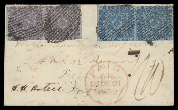 NOVA SCOTIA PENCE POSTAL HISTORY  1857 (November 20) A very appealing small cover mailed from Sydney, Cape Breton to Lieutenant W. L. Inglis, H. M. S. 32nd  Regiment, Peshawar, India, franked with pairs of the 3p deep blue and the first printing 1sh "cold" dull violet, both somewhat in or touching to large margins but essentially sound and superbly tied by oval grids in the correct position - remarkably so with each allowing the "Crown" to be plainly visible as the cancelling device was intended to be employed. Complete and equally  well struck Sydney, CB NO 20 1852 double arc dispatch and oval  "H" (Halifax) NO 27 1852 transit datestamp on reverse alongside  script ink annotation. One of the great highlights of this gold-medal collection, a celebrated and famous cover to India,  F-VF (Unitrade 2, 7)Expertization: 1984 BPA certificateProvenance: Henry C. Gibson, Eugene Klein Auction, March 1944                   Koh Seow Chuan, Spink, April 1999; Lot 224                   Warren Wilkinson, Feldman Auctions, March 2011; Lot 10279Literature: Illustrated and discussed in BNA Topics, Whole Number 256, June-July 1967, page 163.Census: Five covers are reported in Arfken & Firby